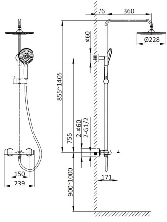 Душевая стойка со смесителем Vincea Rondo VSFS-1R1GM вороненая сталь